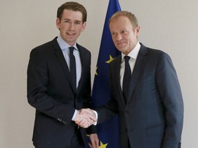 European Council President Donald Tusk, right, shakes hands with Austrian Foreign Minister Sebastian Kurz prior to a meeting at the European Council building in Brussels on Thursday, Oct. 19, 2017. (Olivier Hoslet, Pool Photo via AP)