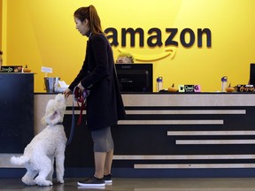 In this Wednesday, Oct. 11, 2017, photo, an Amazon employee gives her dog a biscuit as the pair head into a company building, where dogs are welcome, in Seattle. Whichever city lands Amazon's second headquarters, some people in Seattle, it's original hometown, say there are downsides to having the tech giant in the neighborhood. (AP Photo/Elaine Thompson)