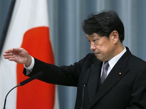 In this Aug. 3, 2017 photo, Japan's Defense Minister Itsunori Onodera speaks during a press conference at the prime minister's official residence in Tokyo. Onodera is sounding an alarm on North Korea, saying its nuclear and ballistic missile capabilities have grown to what he called an "unprecedented, critical and imminent" level.   (AP Photo/Shizuo Kambayashi)