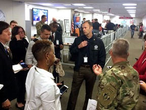 FEMA Administrator Brock Long briefs reporters at the National Response Coordination Center in FEMA Headquarters, Monday October 9, 2017 in Washington. (AP Photo/Luis Alonso Lugo)