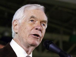 FILE - In this Tuesday, Nov. 4, 2014, file photo, Sen. Thad Cochran, R-Miss., speaks to supporters following his victory over Democrat Travis Childers and Reform Party candidate Shawn O'Hara, at his victory party in Jackson, Miss.  Cochran is continuing to grapple with a urinary tract infection that has delayed a planned return to Washington. The GOP veteran, 79, has been absent from Washington for a month.   (AP Photo/Rogelio V. Solis, File)