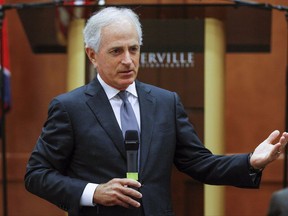 FILE - In this Aug. 16, 2017, file photo, Sen. Bob Corker, R-Tenn., speaks to the Sevier County Chamber of Commerce in Sevierville, Tenn. Always one to speak his mind, Corker's new free agent status should make President Donald Trump and the GOP very nervous. The two-term Tennessee Republican isn't seeking re-election. And that gives him even more elbow room to say what he wants and vote how he pleases over the next 15 months as Trump and the party's top leaders on Capitol Hill struggle to get their agenda on track (AP Photo/Erik Schelzig, File)