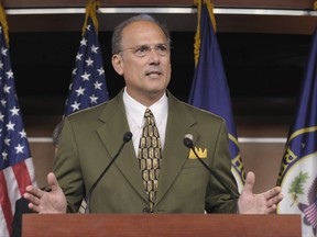 FILE - In this Sept. 23, 2011 file photo, Rep. Thomas Marino, R-Pa., speaks during a news conference on Capitol Hill in Washington.  Sen. Joe Manchin of West Virginia is demanding that the White House withdraw the nomination of Marino to be the nation's drug czar. Manchin says Marino played a key role in passing a bill weakening the Drug Enforcement Administration's authority to stop companies from distributing opioids. (AP Photo/Susan Walsh)