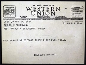 This photo, in New York, Monday Oct. 23, 2017, shows a Jan. 15, 1941, telegram from Thurgood Marshall to lawyer Samuel Friedman. A new movie about Thurgood Marshall focuses on a rape case he worked on, well before he won a landmark school desegregation case and a quarter-century before he became a Supreme Court justice. In early 1941, Marshall was in Bridgeport, Conn., to represent Joseph Spell, a black chauffeur accused by his wealthy, white employer of rape. Because Marshall was an out-of-state attorney, he enlisted the help of a local lawyer, Sam Friedman, who was white and had expertise in trying civil cases, not criminal ones. (AP Photo/Richard Drew)