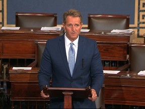 In this image from video from Senate Television, Sen. Jeff Flake, R-Ariz., speaks on the Senate floor Tuesday, Oct. 24, 2017, at the Capitol in Washington. Flake announced he will not run for re-election in 2018. (Senate TV via AP)