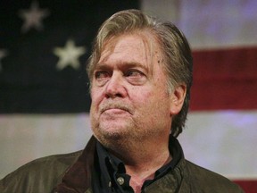 In this Sept. 25, 2017 photo, former presidential strategist Steve Bannon speaks at a rally for U.S. Senate hopeful Roy Moore, in Fairhope, Ala. Bannon's war on the Republican establishment is creating divisions among the GOP's most powerful donors, even those most loyal to President Donald Trump.  (AP Photo/Brynn Anderson)
