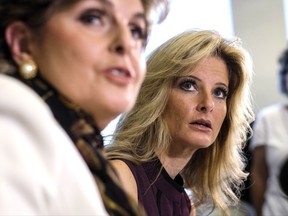 FILE - In this Oct. 14, 2016, file photo, Summer Zervos, right, listens alongside her attorney Gloria Allred during a news conference in Los Angeles. Trump's presidential campaign has been subpoenaed for records related to past sexual assault allegations against Trump _ charges the president on Oct. 16 dismissed as "made-up stuff." Lawyers for Zervos, a former contestant on "The Apprentice," asked the campaign in March 2017 to preserve any records in its possession concerning Zervos or other women who accused Trump of misconduct. Zervos says Trump kissed and groped her against her will in 2007. During a Rose Garden news conference, Trump dismissed the allegations as politically motivated. (AP Photo/Ringo H.W. Chiu, file)