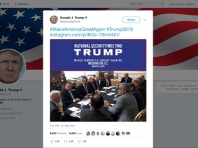 In this photo from President Donald Trump's Twitter account, George Papadopoulos, third from left, sits at a table with then-candidate Trump and others at what is labeled at a national security meeting in Washington that was posted on March 31, 2016. Papadopoulos, a former Trump campaign aide belittled by the White House as a low-level volunteer was thrust on Oct. 30, 2017, to the center of special counsel Robert Mueller's investigation, providing evidence in the first criminal case that connects Trump's team and intermediaries for Russia seeking to interfere in the campaign. (Donald Trump's Twitter account via AP)