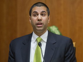 FILE - In this Feb. 26, 2015, file photo, Federal Communication Commission commissioner Ajit Pai speaks during an open hearing and vote on net neutrality in Washington. The Senate has confirmed Pai, President Donald Trump's nominee to serve as chairman of the Federal Communications Commission, despite Democratic complaints that he will undermine net neutrality. (AP Photo/Pablo Martinez Monsivais, File)