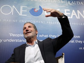 Sailor Paul Cayard, of the United States, is interviewed by the Associated Press on the sidelines of a conference on the preservation of oceans, in Milan, Italy, Tuesday, Oct. 3, 2017.  Experts are gathering in Milan to discuss solutions to ocean pollution. (AP Photo/Antonio Calanni)