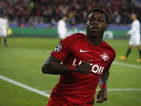 Spartak's Quincy Promes celebrates after scoring the opening goal of the game during the Champions League group E soccer match between Spartak Moscow and Sevilla at the Otkrytiye Arena in Moscow, Russia, Tuesday, Oct. 17,2017.(AP Photo/Pavel Govolkin)