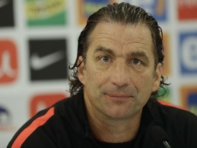 Chile' coach Juan Antonio Pizzi attends a press conference in Sao Paulo, Brazil, Monday, Oct. 9, 2017. Chile will face Brazil in a 2018 World Cup qualifying soccer match on Oct. 10. (AP Photo/Andre Penner)