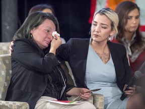 Deliah Saunders, right, and Audrey Saunders, sisters of Loretta Saunders, testify at the National Inquiry into Missing and Murdered Indigenous Women and Girls, in Membertou, N.S. on Monday, Oct. 30, 2017. Loretta Saunders, an Inuk woman, was murdered in Halifax in February 2014. THE CANADIAN PRESS/Andrew Vaughan