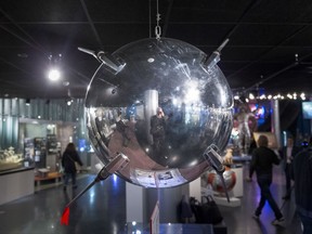 In this photo made on Monday, Oct. 2, 2017 a mock-up of the First Earth Sputnik is on display at the Museum of Cosmonautics in Moscow, Russia. The launch of Sputnik 60 years ago opened the space era and became a major triumph for the Soviet Union, showcasing its military might and technological edge. (AP Photo/Ivan Sekretarev)