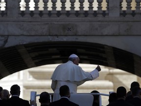 Pope Francis gives the thumbs up as he leaves at the end of his weekly general audience, in St. Peter's Square, at the Vatican, Wednesday, Oct. 11, 2017. (AP Photo/Alessandra Tarantino)