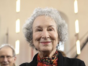 Canadian author, Margaret Atwood,  attends a ceremony  at the  Church of St. Paul in Frankfurt, Germany, Sunday, Oct. 15, 2017. Margaret Atwood will receive the Peace Prize of the German Book Trade.  ( Arne Dedert/dpa via AP)