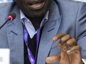 Ibrahima Soce Fall, Regional Emergency Director for Africa, of the World Health Organization, WHO, speaks during a press conference, about the Update on the plague situation in Madagascar, at the European headquarters of the United Nations in Geneva, Switzerland, Friday, Oct. 20, 2017. (Martial Trezzini/Keystone via AP)