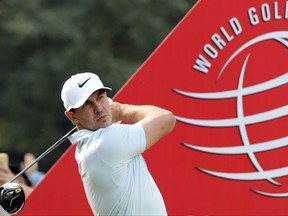 Brooks Koepka of the United States tee off during the first round of the 2017 WGC-HSBC Champions golf tournament at the Sheshan International Golf Club in Shanghai, China Thursday, Oct. 26, 2017. Koepka leads after the first round of the tournament. (AP Photo/Ng Han Guan)