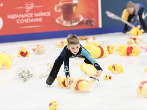 Teddy bears cover the ice after Hanyu Yuzuru, of Japan, skated his short program at the Rostelekom Cup ISU Grand Prix figure skating event in Moscow, Russia, on Friday, Oct. 20, 2017. (AP Photo/Ivan Sekretarev)