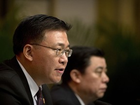 Guo Yezhou, vice minister of the International Department of China's Communist Party, speaks during a press conference on the sidelines of China's 19th Party Congress in Beijing, Saturday, Oct. 21, 2017. Guo said China supports Myanmar in "safeguarding peace and stability" and won't join other nations in condemning it for what many consider a campaign of ethnic cleansing against Rohingya Muslims. (AP Photo/Mark Schiefelbein)