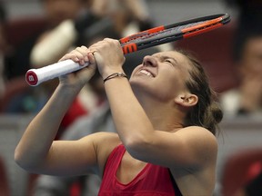 Simona Halep of Romania celebrates after beating Jelena Ostapenko of Latvia in their women's singles semifinal in the China Open tennis tournament at the Diamond Court in Beijing, Saturday, Oct. 7, 2017. Halep achieved the women's world #1 ranking with the victory. (AP Photo/Mark Schiefelbein)
