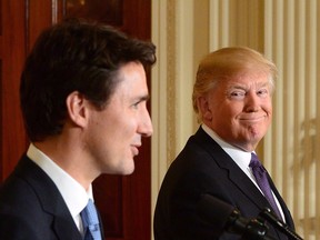 Prime Minister Justin Trudeau and U.S. President Donald Trump take part in a joint press conference at the White House in Washington, D.C. on Feb. 13, 2017.