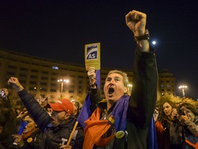 Participants in the protests could be heard calling the ruling Social Democratic Party "the red plague." They later marched through Bucharest toward Parliament.