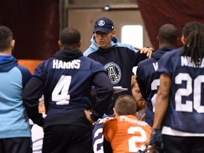 Toronto Argonauts head coach Marc Trestman talks to his team as they take part in the Grey Cup East Division champions practice in Ottawa on Wednesday.