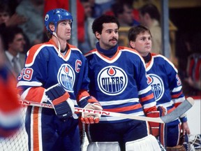 Wayne Gretzky, Grant Fuhr and Andy Moog of the 1980s Edmonton Oilers.