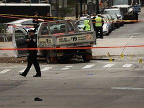 The crashed vehicle used in what is being described as a terrorist attack sits in lower Manhattan the morning after the event on November 1, 2017 in New York City.  Eight people were killed and 12 were injured on Tuesday afternoon when suspect 29-year-old Sayfullo Saipov, a legal resident from Uzbekistan, intentionally drove a truck onto a bike path in lower Manhattan.