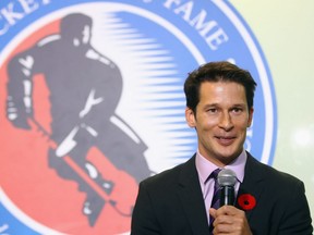 Paul Kariya speaks to reporters at the Hockey Hall of Fame in Toronto on Nov. 10.