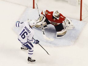 Panthers goaltender Roberto Luongo makes a glove save on the shootout shot by Mitch Marner of the Toronto Maple Leafs on Wednesday night at the BB&T Center n Sunrise, Fla. The Panthers won 2-1.