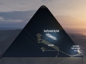 This handout 3D artistic view made by the ScanPyramids mission and released on November 2, 2017 by the Nature Publishing Group shows a hidden internal structure in Khufus Pyramid, the largest pyramid in Giza.