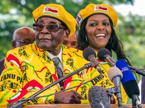 Zimbabwe's President Robert Mugabe addresses party members and officials gathered at his party headquarters to show support to Grace Mugabe becoming the party's next Vice President after the dismissal of Emerson Mnangagwa November 8 2017.