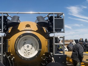 View of the U.S. Navy deep diving rescue vehicle mobilized to support the search for the missing Argentine submarine ARA San Juan, in Comodoro Rivadavia on November 23, 2017.