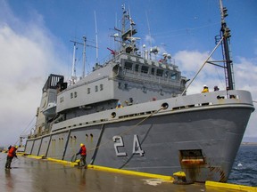 Handout photo released by Argentine Navy of Islas Malvinas vessel arriving to Ushuaia harbour in Tierra del Fuego on November 26, 2017, in her path to Comodoro Rivadavia to load the gear sent by Russia Navy the top-notch research vessel Pantera Plus unmanned submersible to assist the search of the missing submarine ARA San Juan and its 44 crew members.