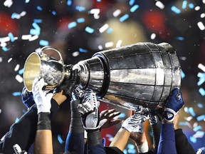 The Toronto Argonauts celebrate as they hoist the Grey Cup after defeating the Calgary Stampeders in the 105th Grey Cup Sunday November 26, 2017 in Ottawa. THE CANADIAN PRESS/Sean Kilpatrick