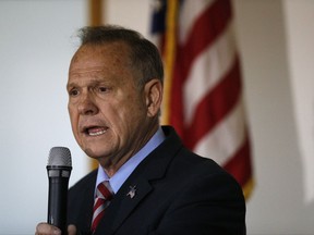 Former Alabama Chief Justice and U.S. Senate candidate Roy Moore speaks at a campaign rally, Monday, Nov. 27, 2017, in Henagar, Ala. (AP Photo/Brynn Anderson)