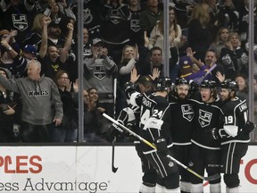 Members of the Los Angeles Kings celebrates after a goal by center Tyler Toffoli during the first period of an NHL hockey game against the Florida Panthers in Los Angeles, Saturday, Nov. 18, 2017. (AP Photo/Chris Carlson)