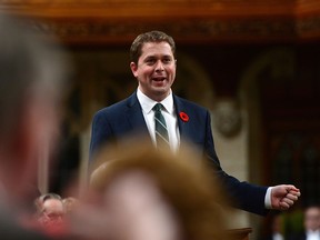 Conservative Leader Andrew Scheer speaks during question period in the House of Commons on Thursday, Nov. 2, 2017.