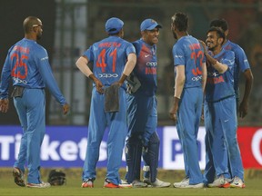 Indian cricketers celebrate the dismissal of New Zealand's Kane Williamson during their first Twenty20 cricket match in New Delhi, India, Wednesday, Nov. 1, 2017. (AP Photo/Altaf Qadri)