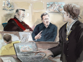 Left to right: Mark Smich (facing away), Justice Michael Code, Dr. Robert Burns and Dellen Millard in an artist's sketch at the Laura Babcock murder trial, Nov.16, 2017.