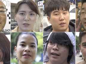 In this combination of images made from video, top row, from left to right: Yoh Kawakami and Yumu Katsuyama from Japan; Ock Hyun-woong from South Korea; Ding Chenling and Zhao Yingran from China; Bach Ngoc Lien from Vietnam; Jeanne Vivar and Lorenzo Nakpil from the Philippines; are interviewed by the Associated Press about President Donald Trump's upcoming visit to Asia. (AP Photo)