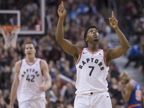 Toronto Raptors guard Kyle Lowry celebrates in the second half of his team's 107-84 win over the New York Knicks on Nov. 17.
