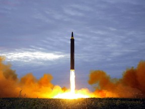 On Aug. 29, 2017, the North Korean government shows what was said to be the test launch of a Hwasong-12 intermediate range missile in Pyongyang, North Korea.