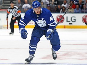 Toronto Maple Leafs forward Tyler Bozak skates against the Detroit Red Wings on Oct. 18.