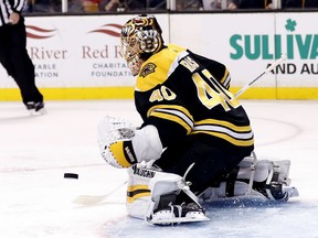 Boston Bruins goalie Tuukka Rask makes a save against the Tampa Bay Lightning during the first period of an NHL hockey game in Boston, Wednesday, Nov. 29, 2017. (AP Photo/Winslow Townson)