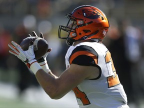 Oregon State's Ryan Nall makes a reception that he ran in for a touchdown against California during the first quarter of an NCAA college football game Saturday, Nov. 4, 2017, in Berkeley, Calif. (AP Photo/Ben Margot)