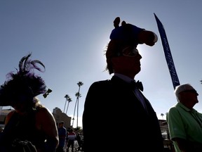 Joe Conforto arrives for the Breeders' Cup horse races, Saturday, Nov. 4, 2017, in Del Mar, Calif. (AP Photo/Gregory Bull)