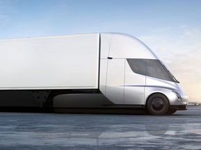 This photo provided by Tesla shows the front of the new electric semitractor-trailer unveiled on Thursday, Nov. 16, 2017. The move fits with Tesla CEO Elon Musk's stated goal for the company of accelerating the shift to sustainable transportation. (Tesla via AP)